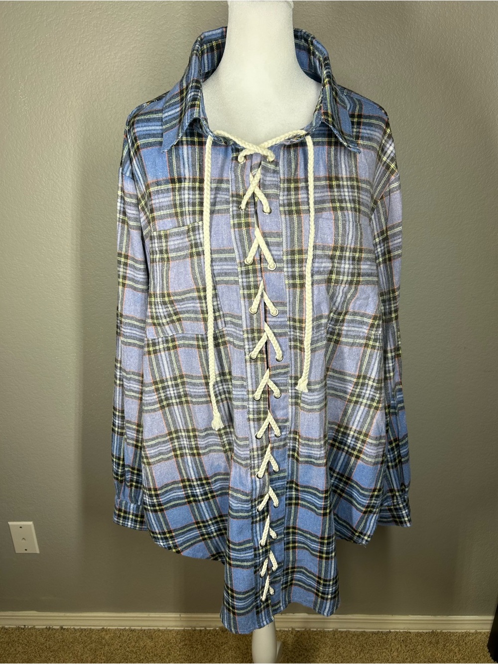 POL Blue Plaid Lace Up High Low Flannel Grunge Boho Oversized Size M - Picture 2 of 8